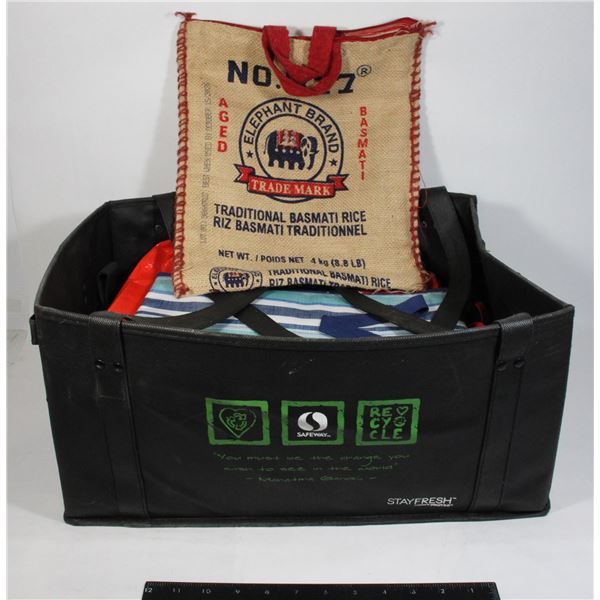 TOTE OF REUSABLE BAGS INCLUDING ELEPHANT BRAND