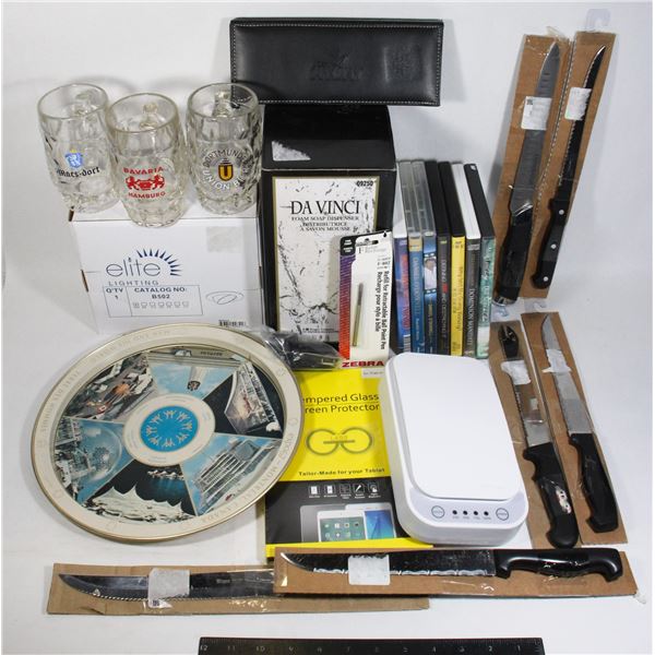 LARGE MIXED LOT: KNIVES, MUGS, DVD’s, PHONE SANITIZER