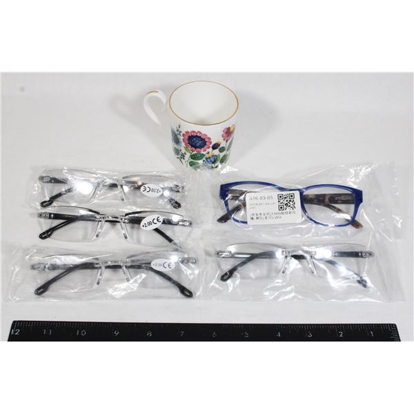 +2.00 NEW READING GLASSES & ROYAL ALBERT TEACUP