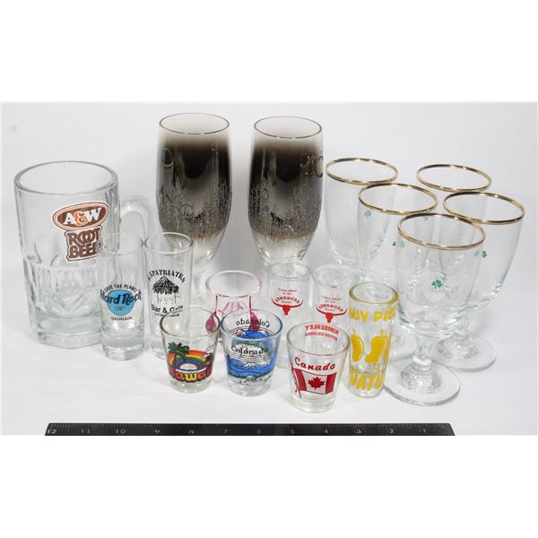 BOX OF DRINKWARE WITH A&W GLASS