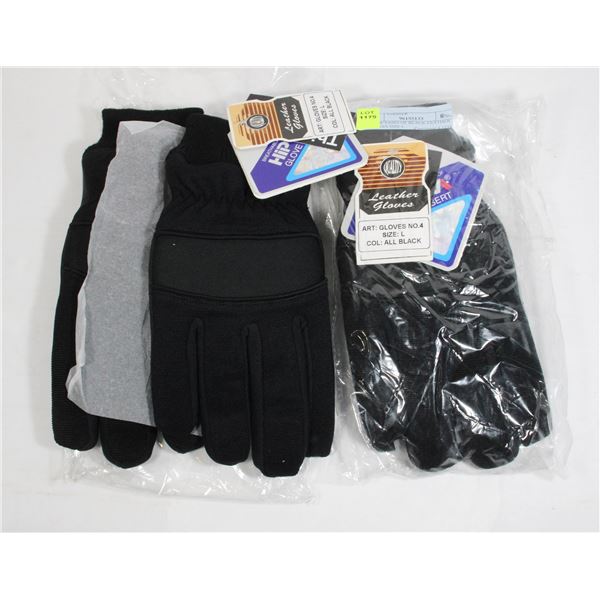 2 NEW PAIRS OF BLACK LEATHER GLOVES SIZE L