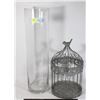 Image 1 : TALL GLASS CYLINDER VASE AND BIRDCAGE