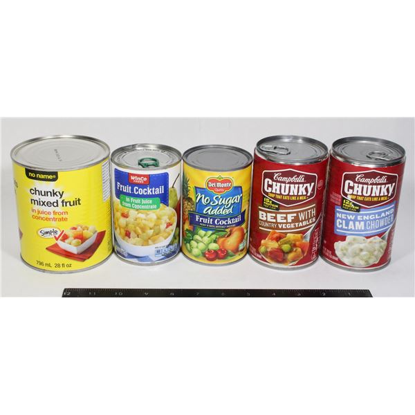 CANS OF CAMPBELL'S CHUNKY SOUPS AND FRUIT COCKTAIL