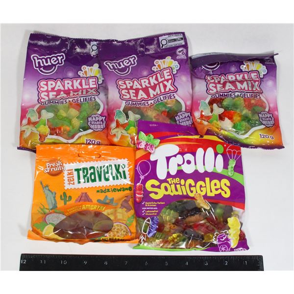5 ASSORTED BAGS OF GUMMIES