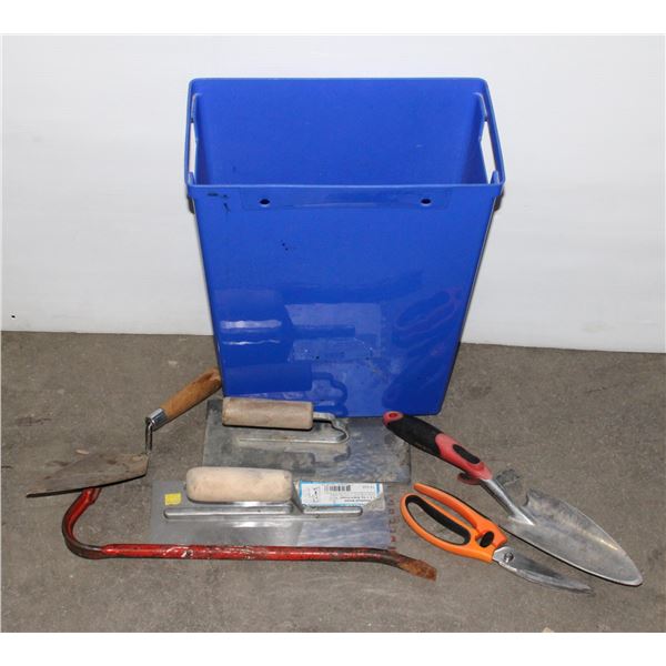 BIN OF MISCELANEOUS CONSTRUCTION TOOLS INCLUDING