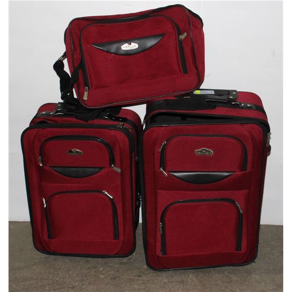 TWO RED CAMBRIDGE SUITCASES AND MATCHING TRAVEL