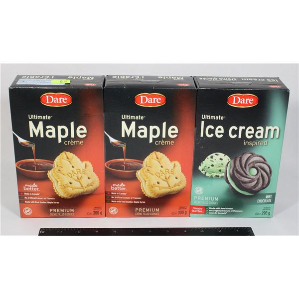 THREE DARE COOKIES, TWO MAPLE AND ONE ICE