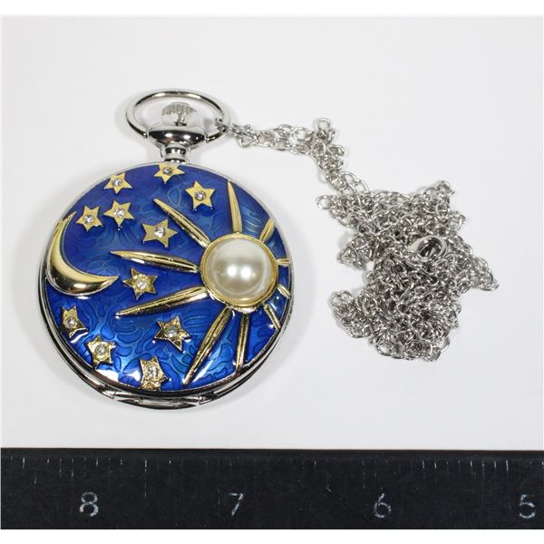 NEW MOON AND STAR DESIGN POCKET WATCH WITH CHAIN