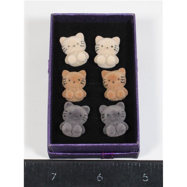 3 PC SET OF FUZZY KITTEN STUD EARRINGS