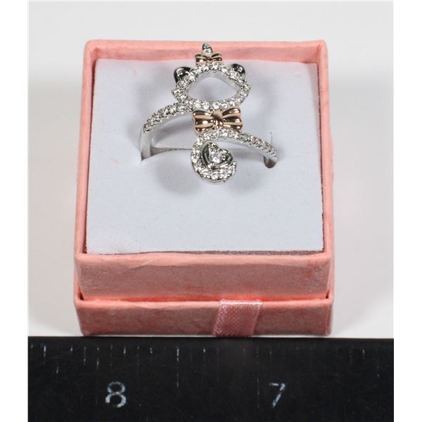NEW SIZE 7 SILVER TONE KITTEN WITH BOWS RHINESTONE