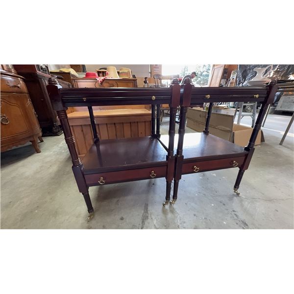 Mahogany Two-Tier Side Tables with Drawers and Brass Casters