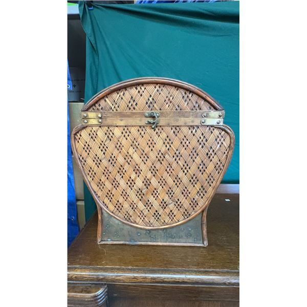 Woven Wood and Brass Decorative Lidded Basket Chest 22" x 19"