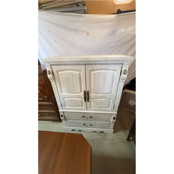 White Distressed Wood Armoire with Brass Hardware, 38"W x 18"D x 49"H
