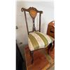 Image 1 : 1800s vintage Wood side chair with floral and musical motif inlaid crest. Features decorative carved
