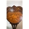 Image 3 : 1800s vintage Wood side chair with floral and musical motif inlaid crest. Features decorative carved