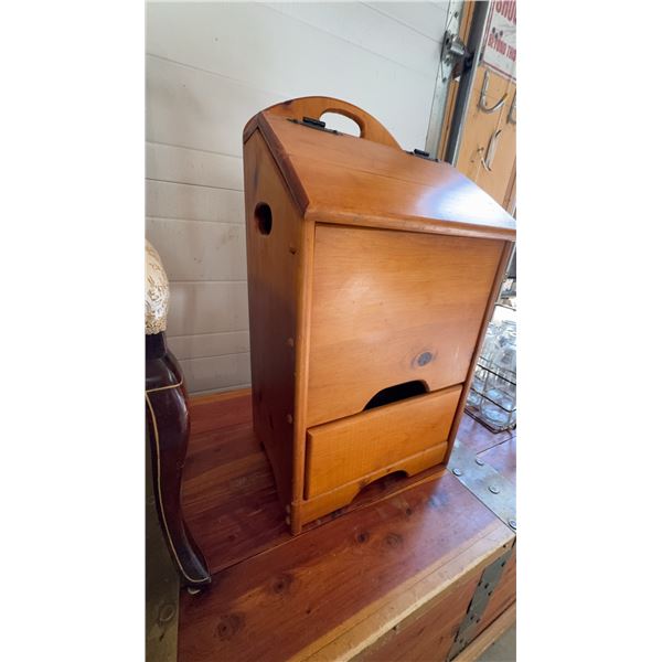 Wooden Bin with Hinged Lid and Drawer