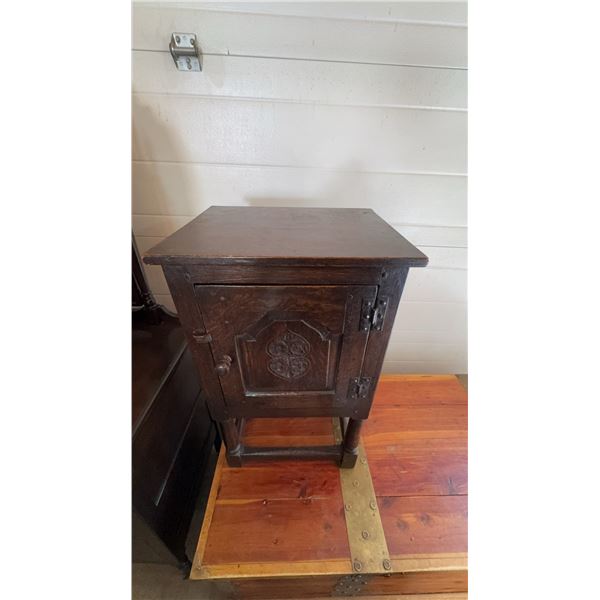 Dark-Stained Wood Cabinet with Carved Door, 15" x 15" x 29.5"
