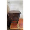 Image 1 : Dark-Stained Wood Cabinet with Carved Door, 15" x 15" x 29.5"