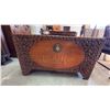 Image 1 : Chinese Rectangular hand-carved wooden chest featuring detailed floral carvings across the exterior 