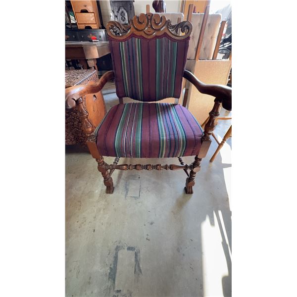 Upholstered Carved Wood Armchair with Striped Fabric