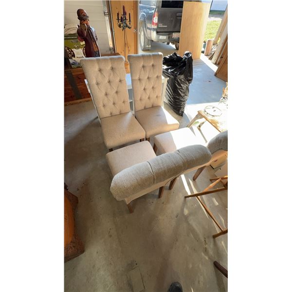 2 Tufted Upholstered High-Back Dining Chairs with 2 Ottomans