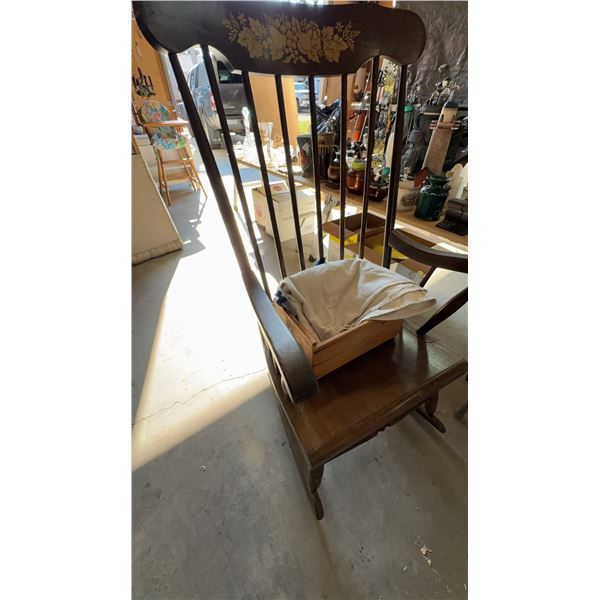 Wooden Spindle-Back Rocking Chair with Floral Motif