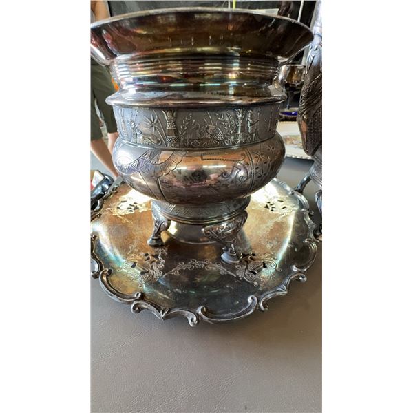 Ornate Silverplate Wine Cooler and Matching Tray Set