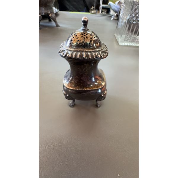 English Silver Plate Footed Pepper Shaker with Pierced Silver Mounts