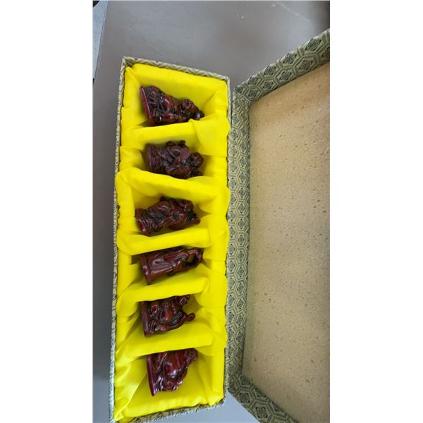 5 Red Resin Laughing Buddha Figurines in Presentation Box
