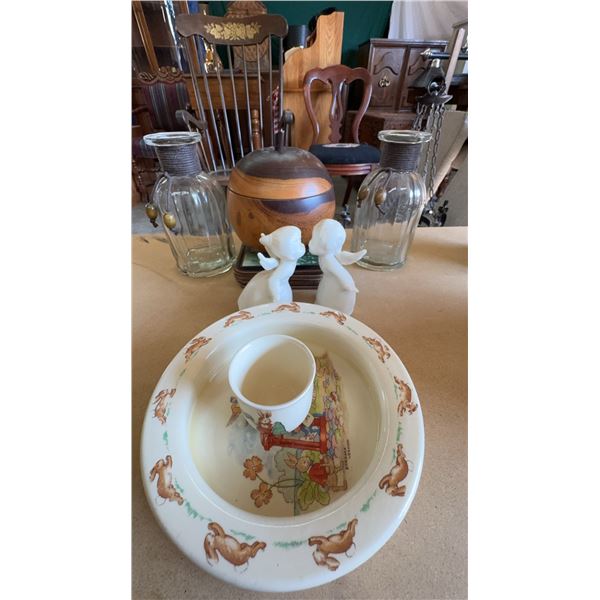 Decorative Housewares Including Child's Bowl, Wood Box, Glass Jars and Placemats