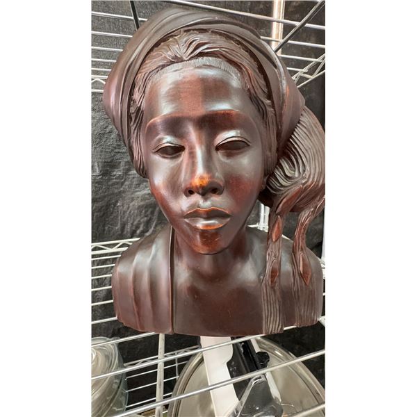 Hand-Carved Wood Bust Of Woman With Headwrap