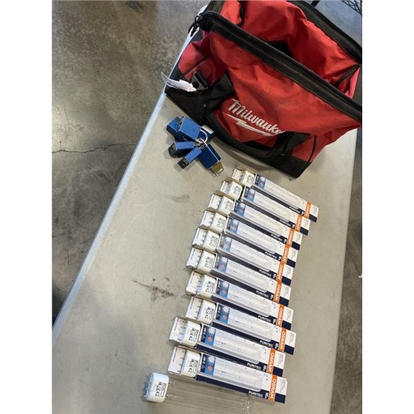 MILWAUKEE BAG WITH 6 AMERICAN PADLOCK KEYED ALIKE LOCKS, ONE KEY AND ASSORTED OSRAM 18 WATT BULBS