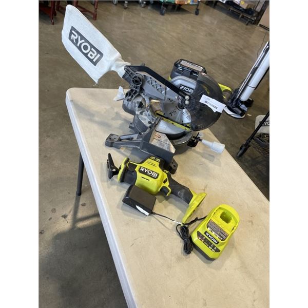 RYOBI BATTERY OPERATED CHOP SAW WITH 7 1/4" BLADE, RYOBI ONE + 18V SAWSALL WITH 1 BATTERY AND CHARGE