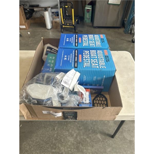 TRAY OF BETTER BOAT ITEMS INCLUDING 2 ADJUSTABLE BOAT SEAT PEDESTALS, FENDER LINES, BOAT DEHUMIDIFIE