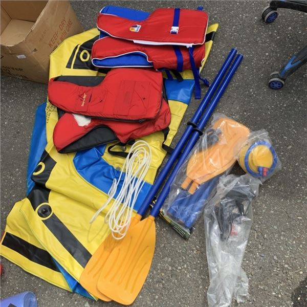 AS NEW INFLATABLE 300 BOAT WITH 4 COLLAPSIBLE OARS, FOOT PUMP AND ELECTRIC PUMP INCLUDES 2 BOUY O BO