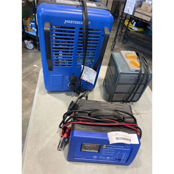 2 ELECTRIC SHOP HEATERS AND 10 AMP POWER FIST  BATTERY CHARGER