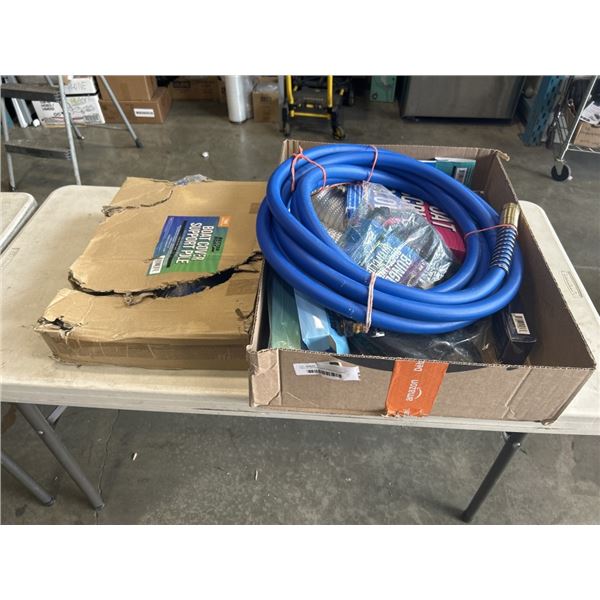 TRAY OF BETTER BOAT ITEMS INCLUDING BOAT COVER SUPPORT POLE, 4 PACK 1/2 IN DOCK LINES, DUNGEE DOCK L