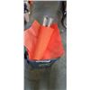 Image 1 : TOTE OF PROTECTIVE CHAPS AND STACK OF ORANGE SAFETY FLAGS