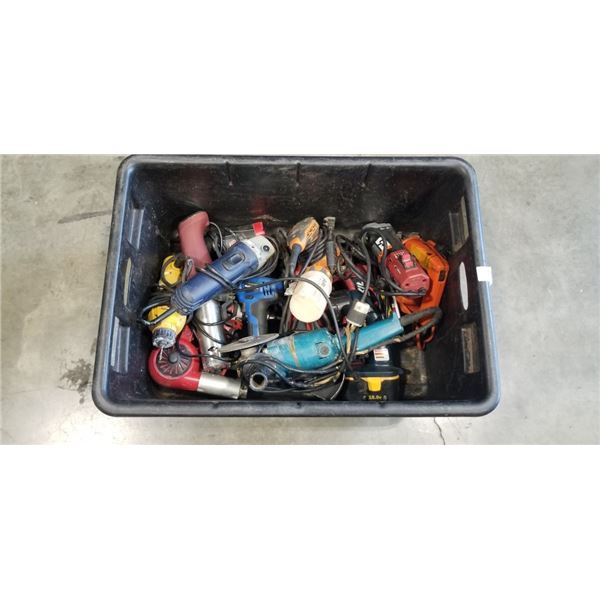 TOTE OF ASSORTED POWER TOOLS AND GRINDERS ETC