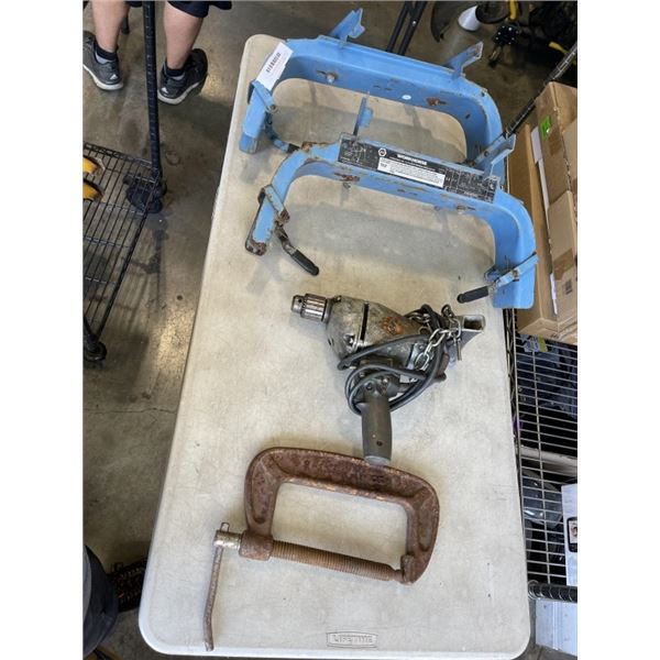 BLACK AND DECKER REVERSIBLE DRILL, C-CLAMP, AND 2 WORKHORSE BRACKETS