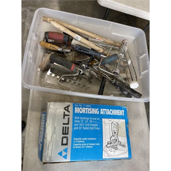 DELTA MORTISING ATTACHMENT AND TOTE WITH ASSORTED PAINTING AND DRYWALL TOOLS