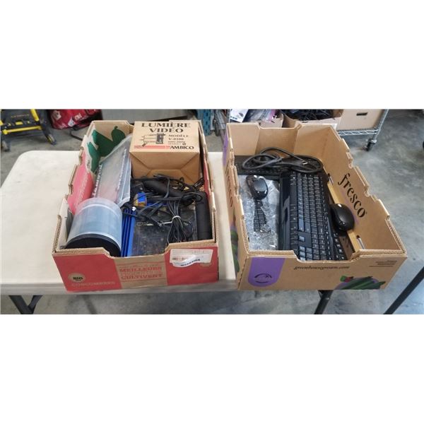 2 TRAYS OF ASSORTED ELECTRONICS, CAR AMP, KEYBOARDS ETC