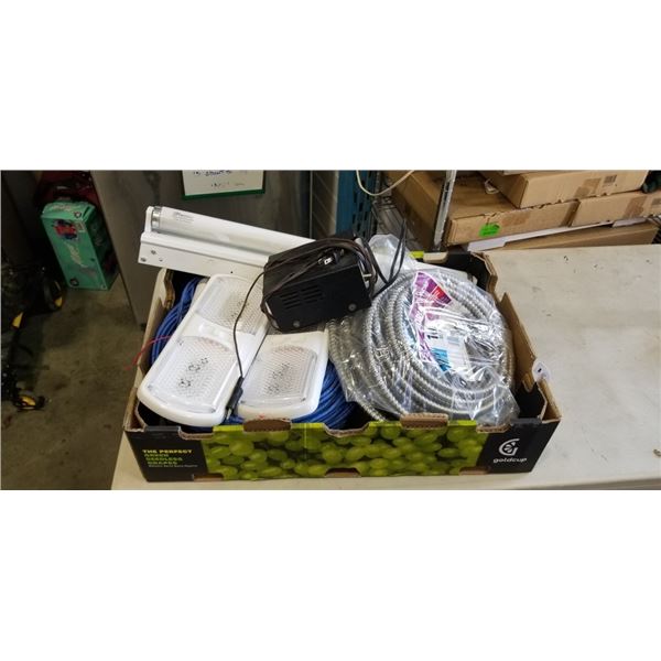 BOX OF LIGHTS, CAT CABLE, AND 10FT ALUMINUM CABLE
