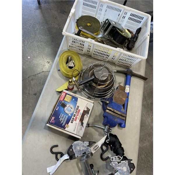 CRATE WITH ASSORTED HEATER, BENCH VICE, STRAP AND MORE