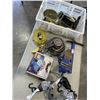 Image 1 : CRATE WITH ASSORTED HEATER, BENCH VICE, STRAP AND MORE