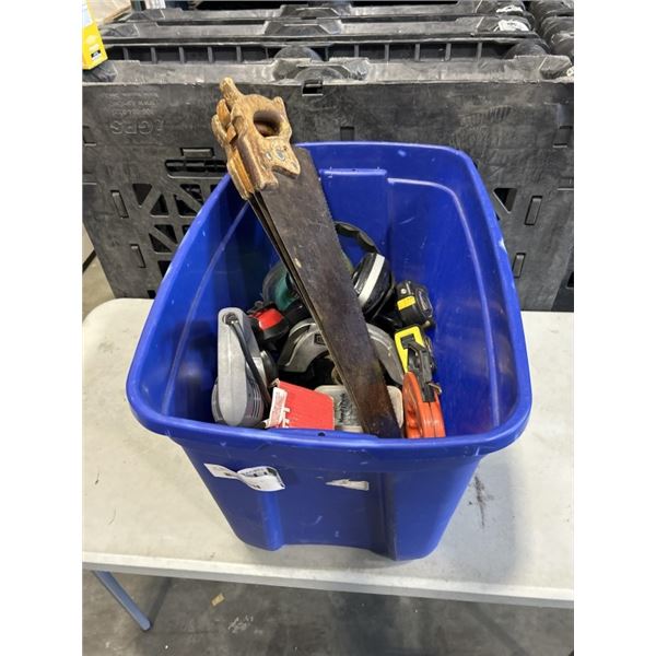 PLASTIC TOTE OF TOOLS INCLUDING CRAFTSMAN SAW, CRAFTSMAN SABRE SAW, TAPE MEASURERS, EAR PROTECTION E