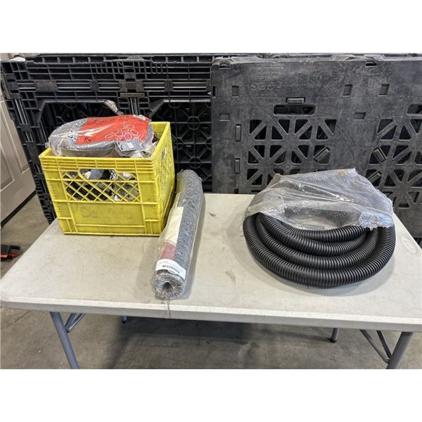 CRATE OF ELECTRIC JUNCTION BOXES AND NEW WHIP, NEW HOSE KIT AND WIRE MESH