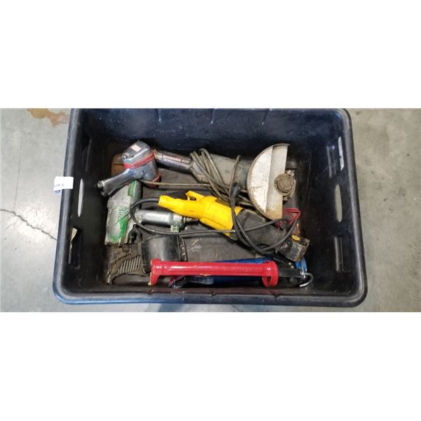 TOTE OF ASSORTED POWER TOOLS INCLUDING HITACHI COIL NAILER, DEWALT SAWS ALL ETC