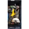 Image 2 : TOTE OF ASSORTED POWER TOOLS INCLUDING HITACHI COIL NAILER, DEWALT SAWS ALL ETC