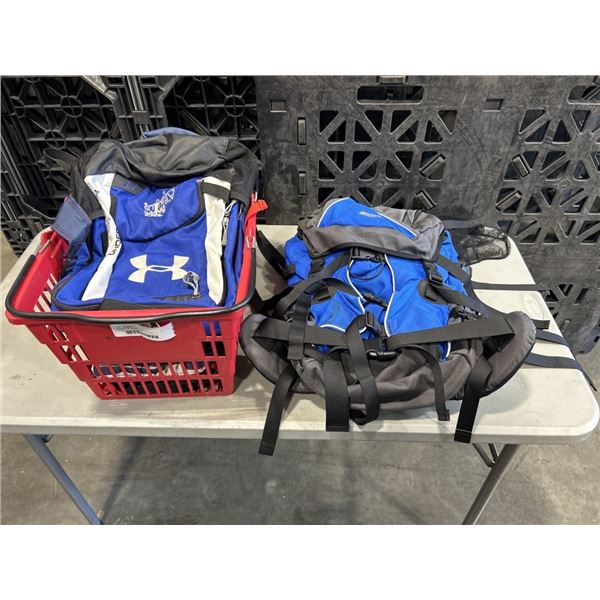 BASKET OF ASSORTED BAGS AND BASEBALL GEAR - BLUE JAYS BAG, HIKING PACK, ETC